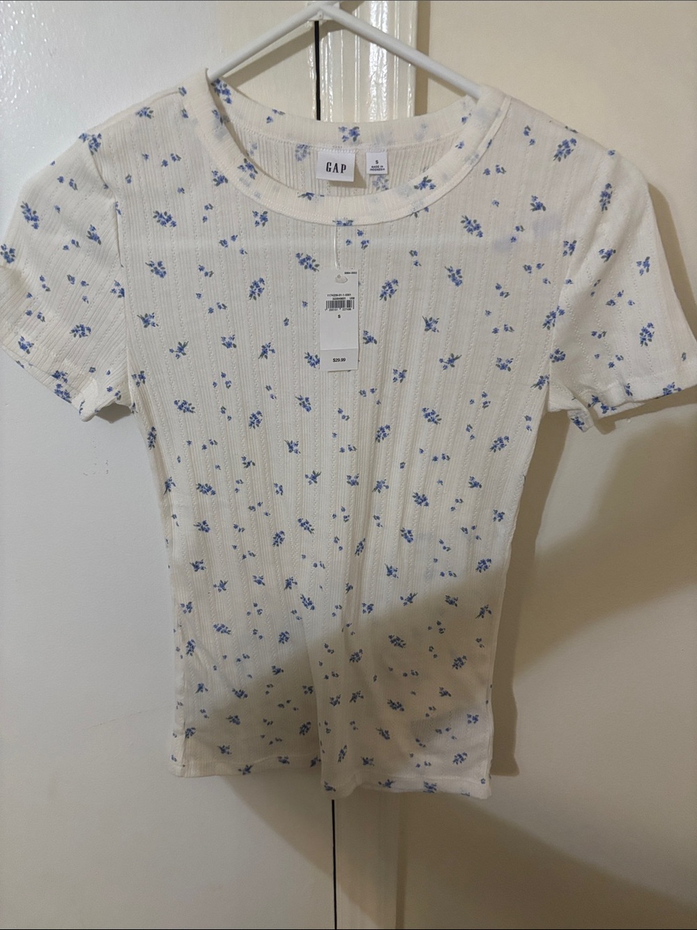 GAP Cream Short Sleeve Ribbed Tee with Blue Floral Print